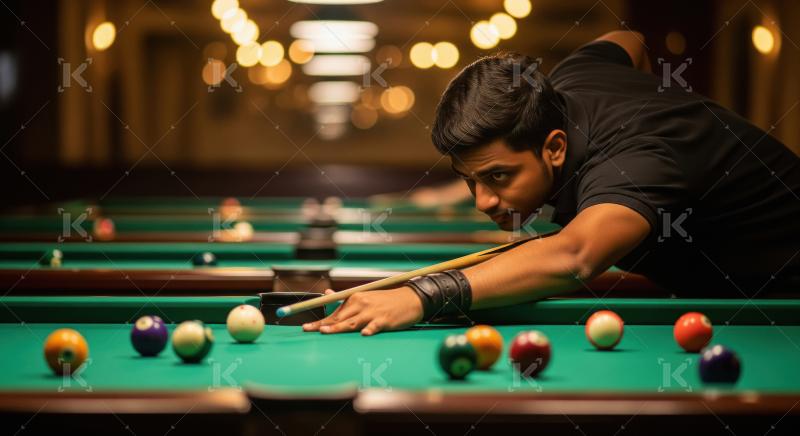 Focused Young Man Playing Billiards in a Dimly Lit Hall