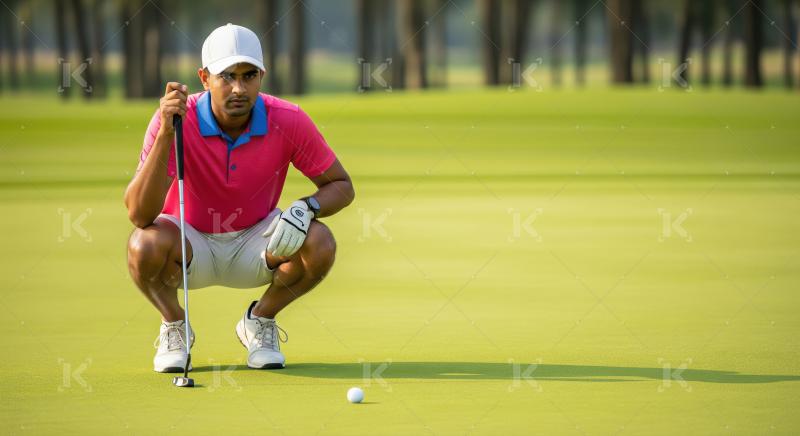 Young male golfer focused on putting on a vibrant green course