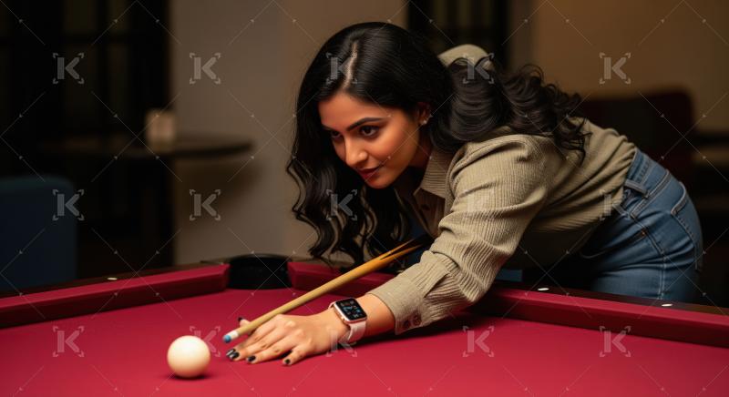 Focused Woman Plays Pool, Ready for the Shot