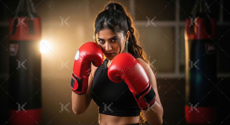 Powerful Female Boxer Ready to Train in Dark Gym