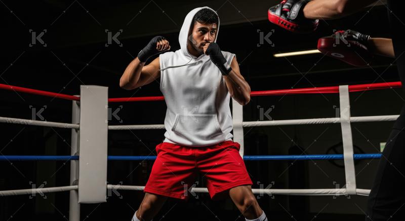 Focused Male Boxer Training with Mitts in a Boxing Ring