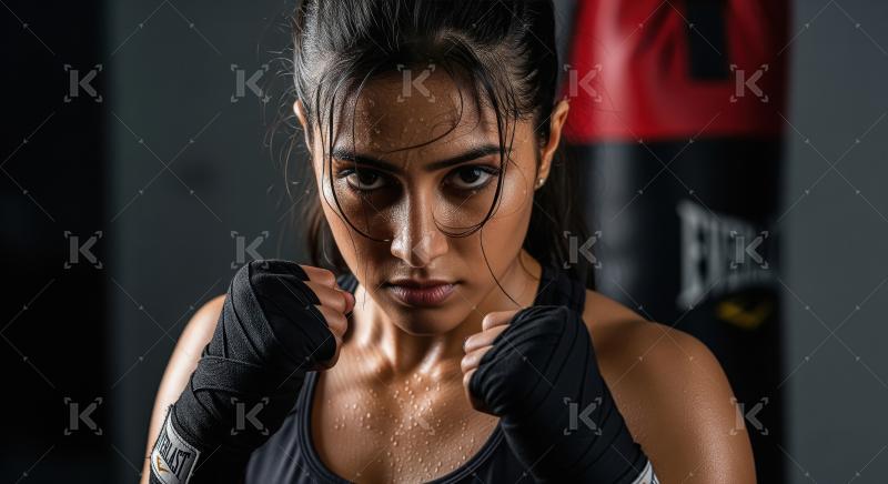 Intense Female Boxer with Sweaty Face in Gym