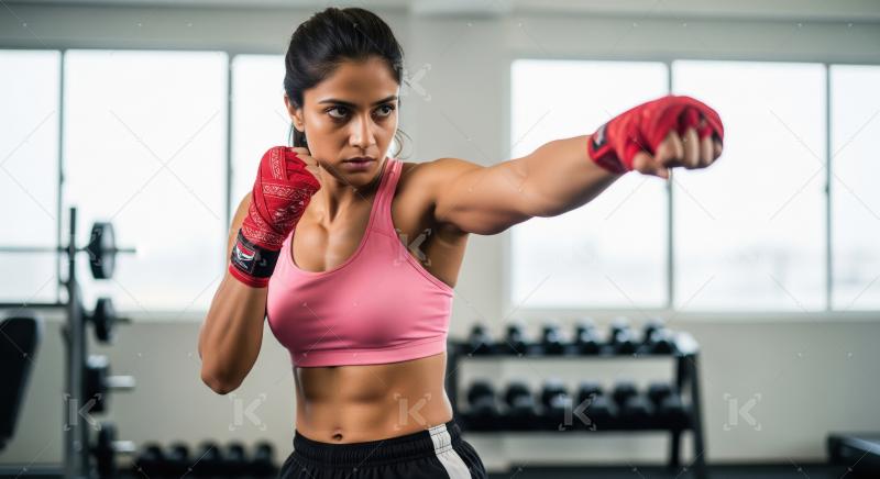 Focused Woman Boxer Training in Gym with Red Wraps