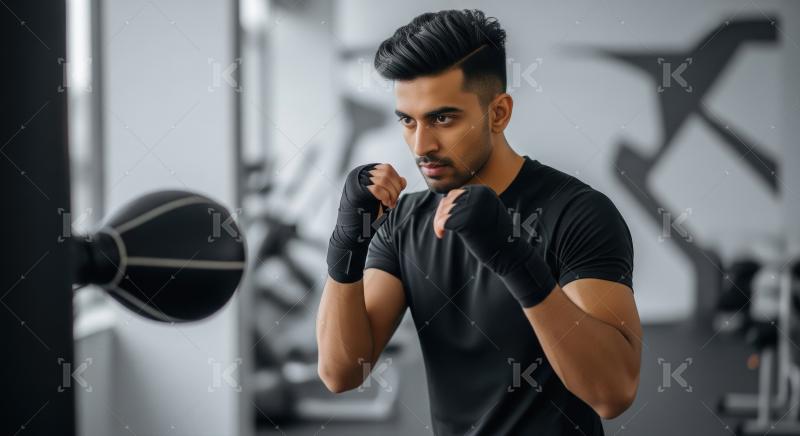 Young Man Training Boxing with Speed Bag at Modern Gym