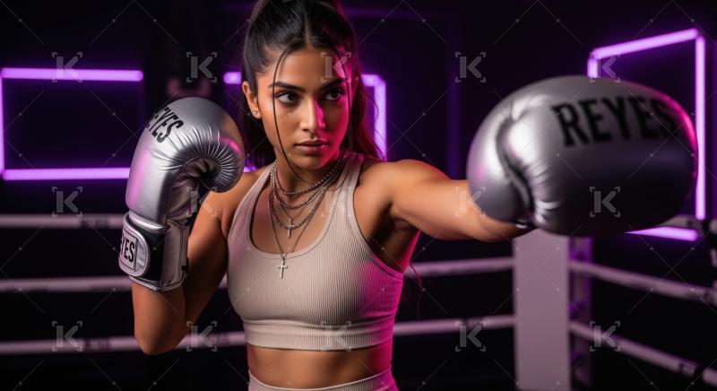 Determined Female Boxer Training with Silver Gloves in Neon Ring
