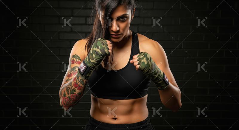 Intense Female Fighter Ready for Combat, Dark Studio Portrait