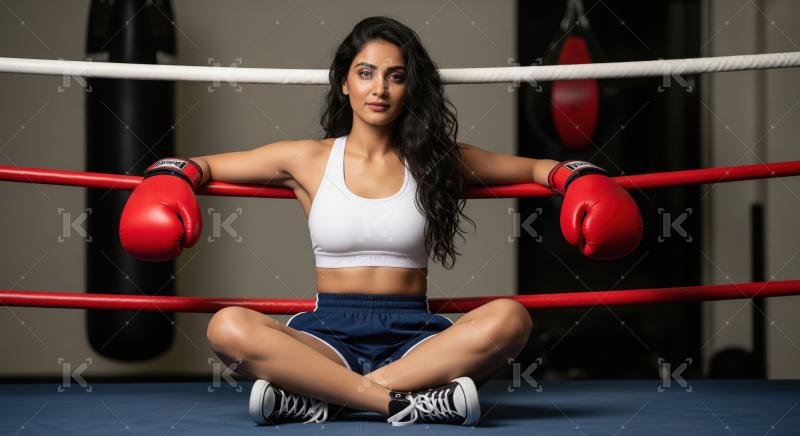 Confident Boxer Woman Sits in Ring