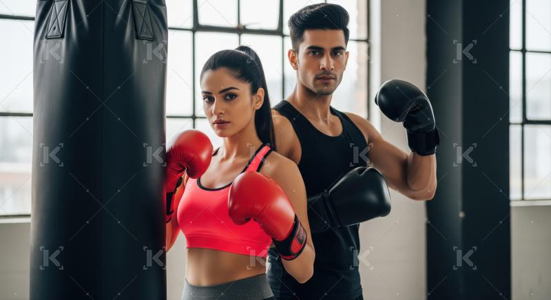 Confident boxing couple training hard in a modern gym