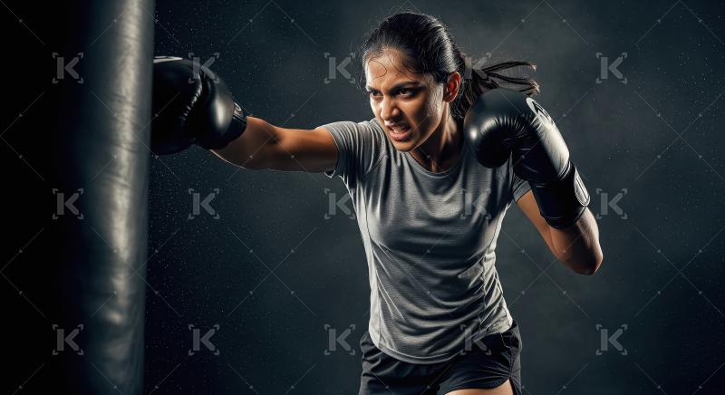 Determined Female Boxer Training with Punching Bag