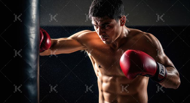 Focused Boxer Punches Heavy Bag in Intense Training Session