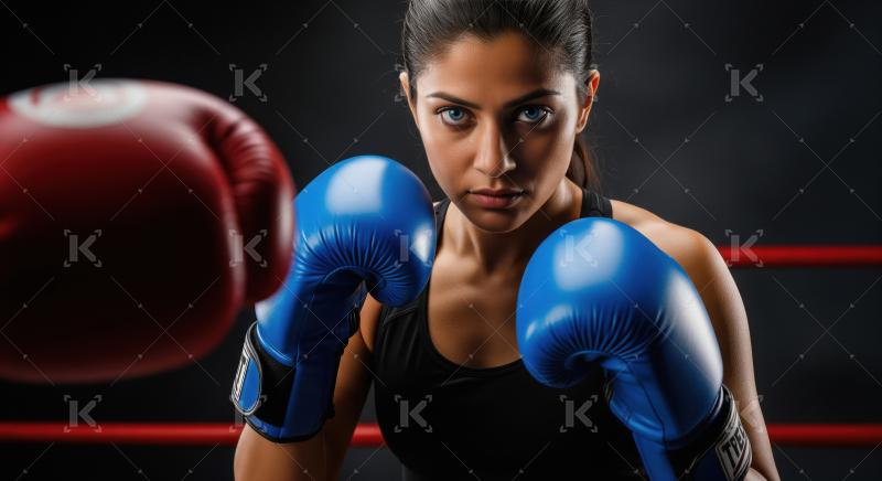 Intense Female Boxer Poses in Ring with Blue Gloves