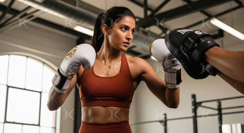 Focused Woman Boxing Training with Mitts in Modern Gym