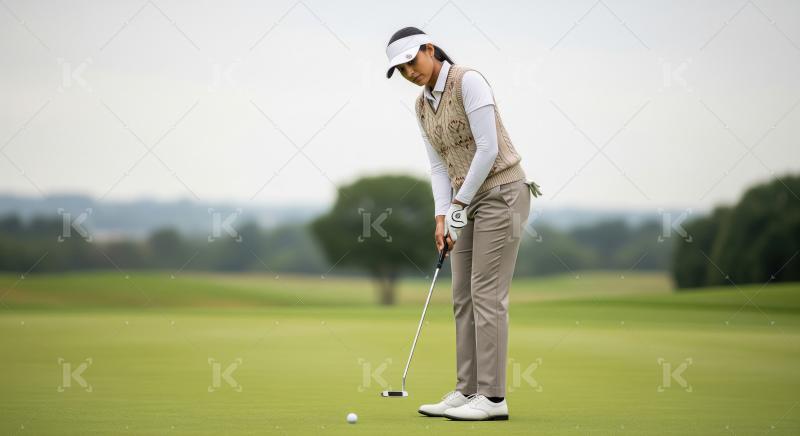Focused Woman Golfer Putting on Green, Aiming for Hole