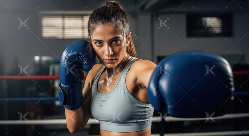 Intense female boxer trains with focus in the gym.