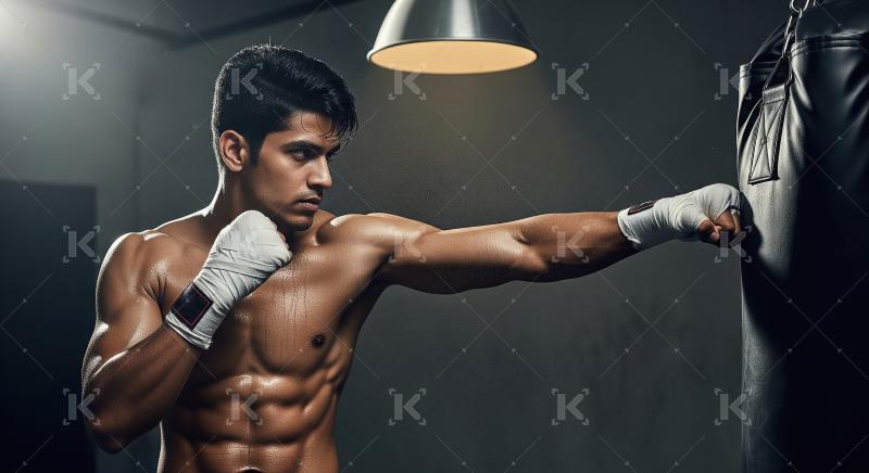 Young Boxer Training Hard, Punching Heavy Bag in Gym