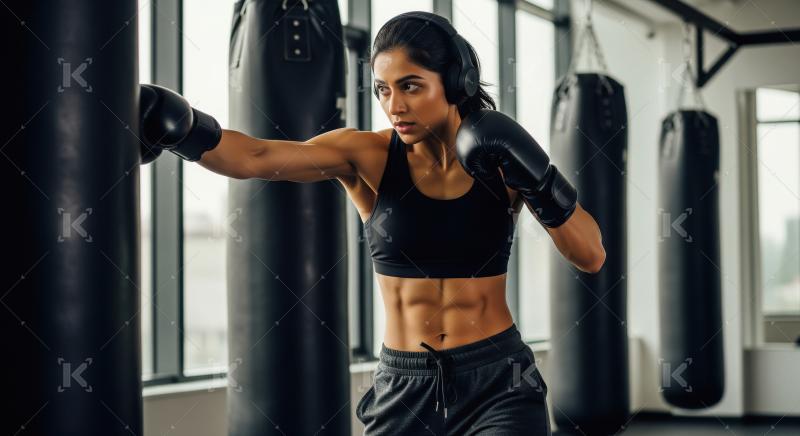 Focused Woman Training Boxing with Punching Bag in Modern Gym
