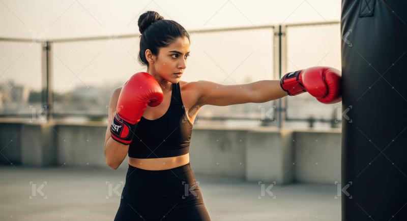 Young Indian Woman Boxing with Punching Bag Outdoors at Sunset