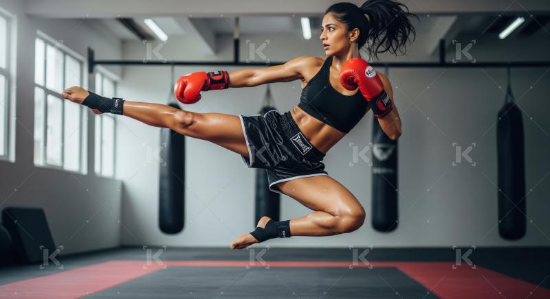 Female Muay Thai Fighter Executes Powerful Mid-Air Kick in Gym