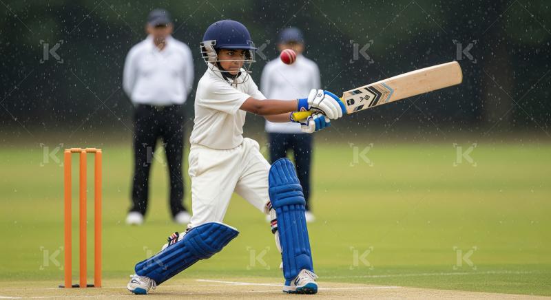 Junior cricketer batting with focus during a rainy game.