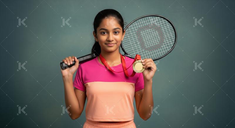 Proud Indian Girl Tennis Champion with Gold Medal