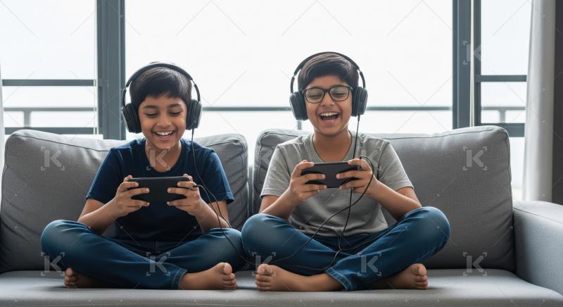 Happy young boys playing mobile games with headphones on.