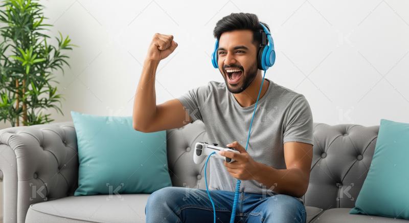 Joyful Young Man Celebrates Victory Playing Video Game