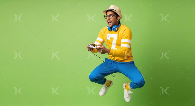 Excited Gamer Jumps While Playing Video Game