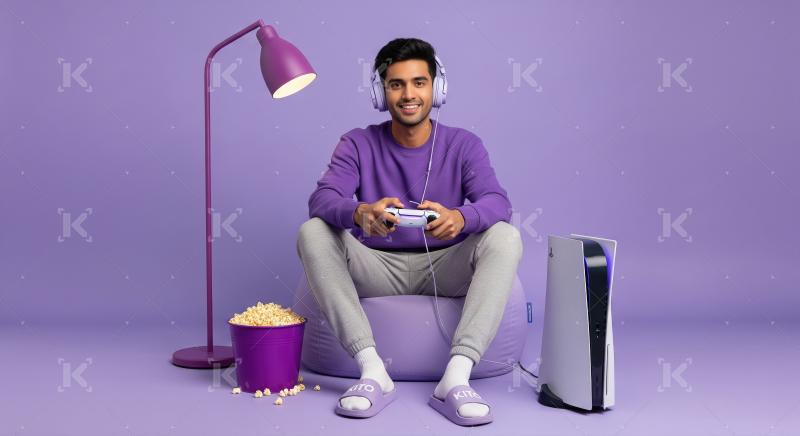 Happy Young Man Playing Video Games in Vibrant Purple Setup