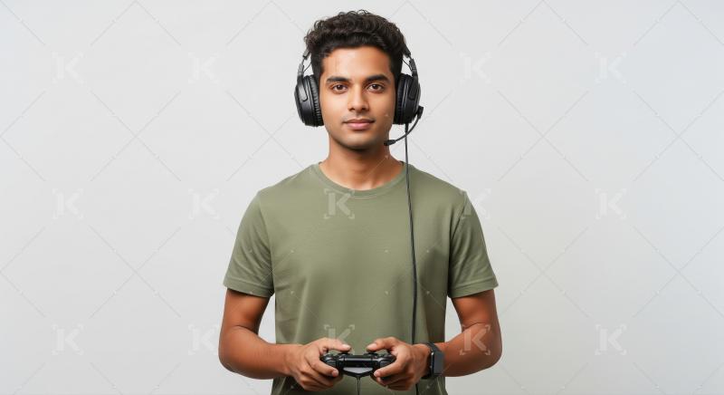 Young Man Gaming with Headset and Controller