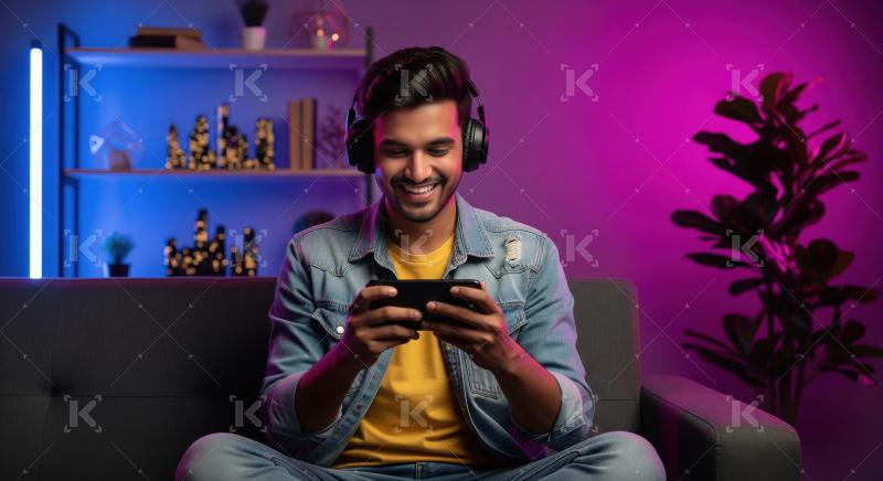 Happy man playing mobile game with headphones on couch