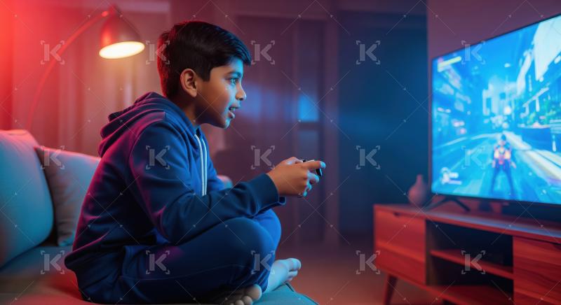 Young boy immersed in gaming on TV at home, vibrant lights