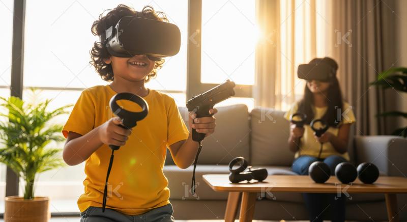 Happy kids enjoying virtual reality games together at home
