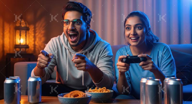 Excited Indian Couple Gaming at Home with Snacks and Drinks