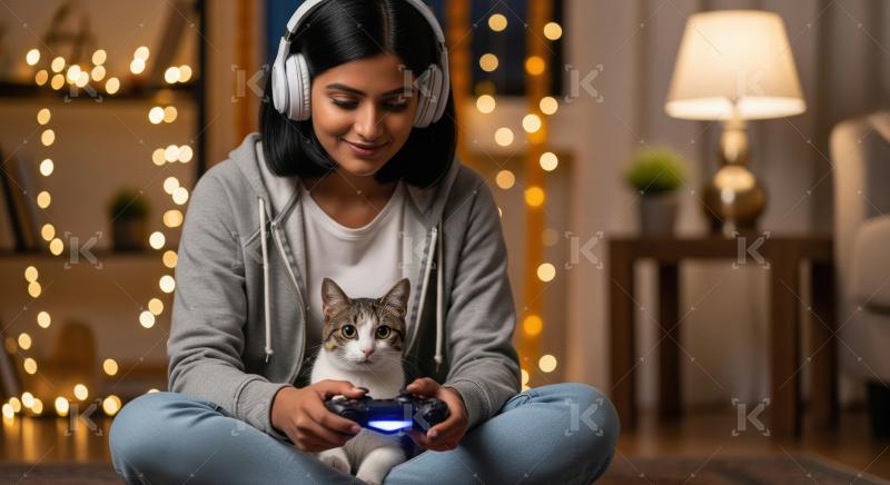 Young woman and cat enjoying video games at home.