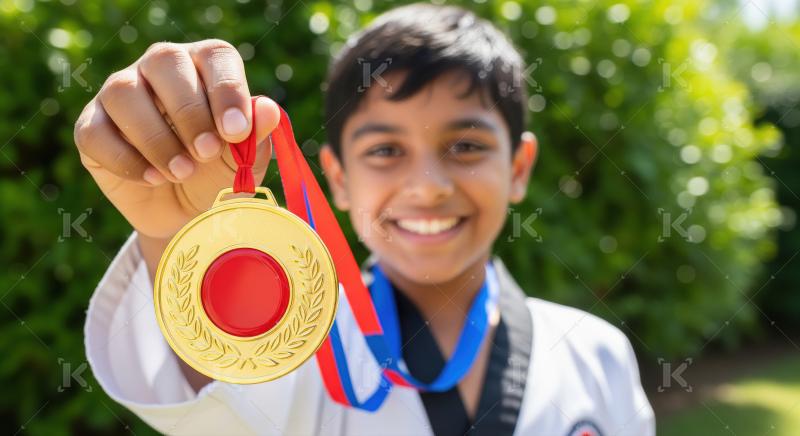 Happy Boy Proudly Displays Gold Medal After Martial Arts Achieve