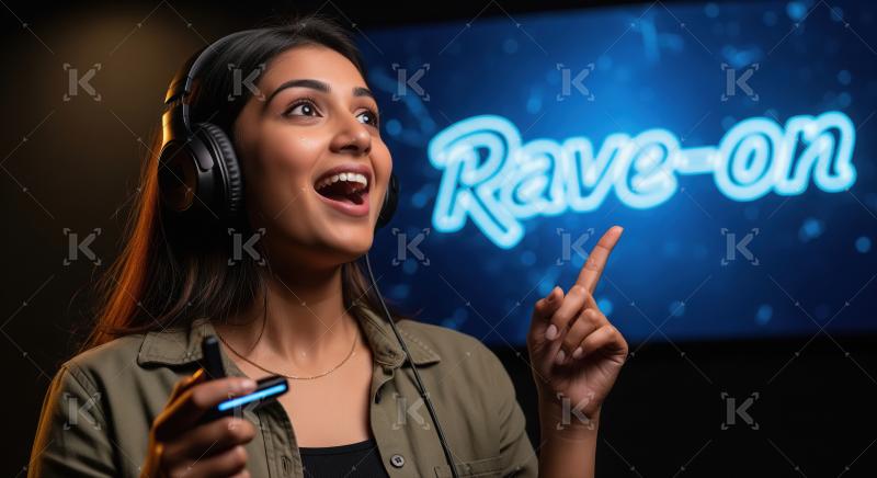 Joyful Woman with Headphones Points to "Rave-on" Screen