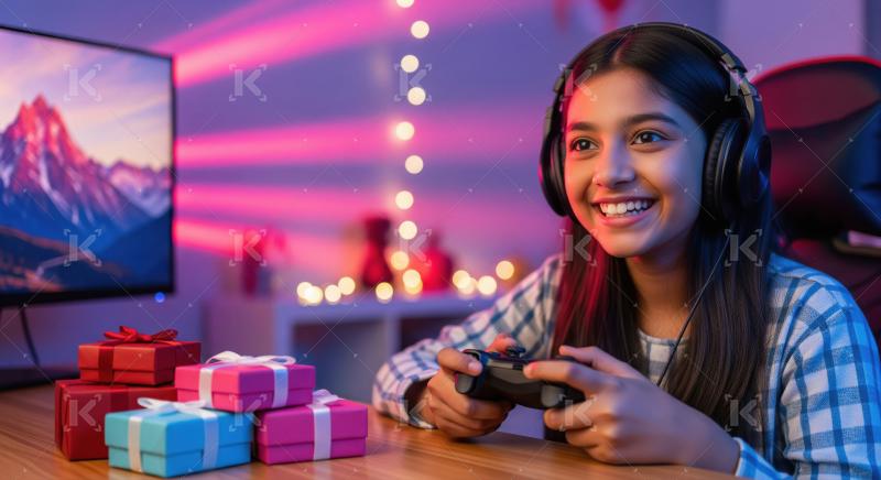 Excited Indian girl playing video games with controller and gift