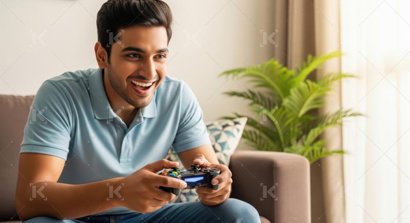 Joyful Young Man Playing Video Games at Home
