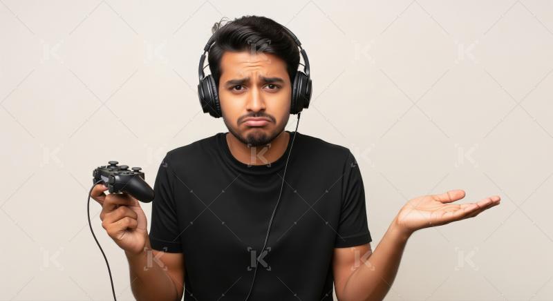 Disappointed Young Gamer Shrugs with Controller and Headphones