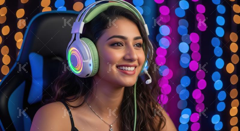 Young Woman Gamer with RGB Headphones in Vibrant Setting