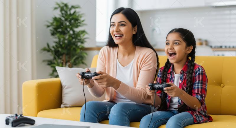 Happy Indian Mother and Daughter Enjoying Video Games Together