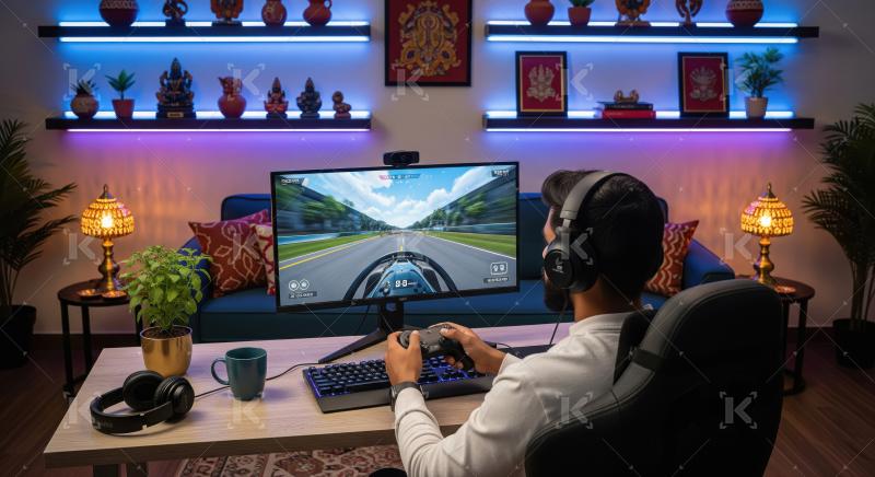Man immersed in virtual racing game with headphones and controll