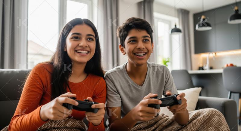 Happy Indian Siblings Enjoying Video Games at Home