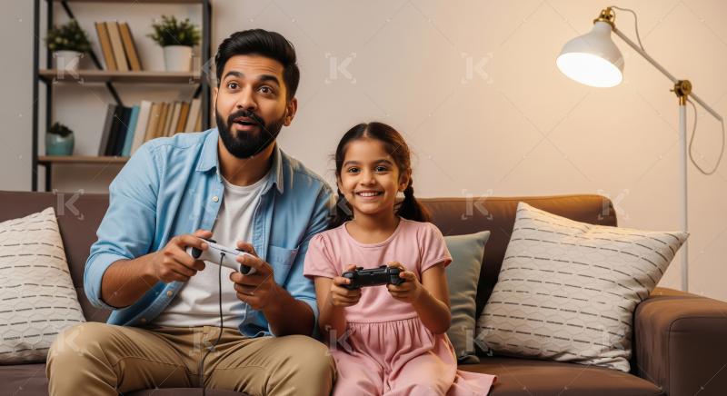 Father and Daughter Play Video Games Together at Home