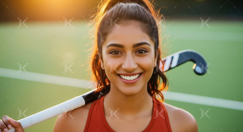 Smiling Young Woman, Field Hockey Player, on Green Pitch