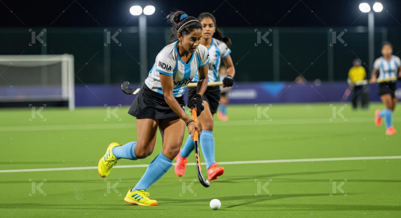 Indian Women's Hockey Player Dribbling Ball on Field at Night