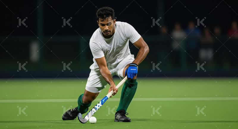 Young Male Field Hockey Player in Action on Green Turf