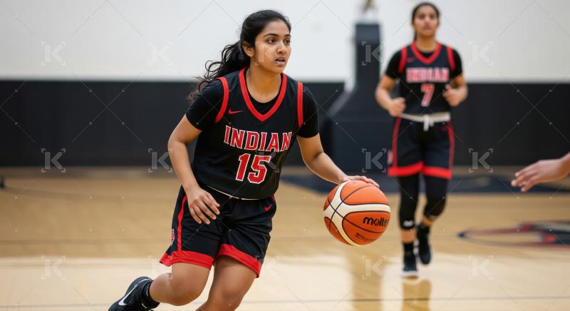 Indian Female Basketball Player Dribbling Ball on Court