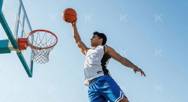 Young Male Athlete Dunking Basketball Against Clear Blue Sky