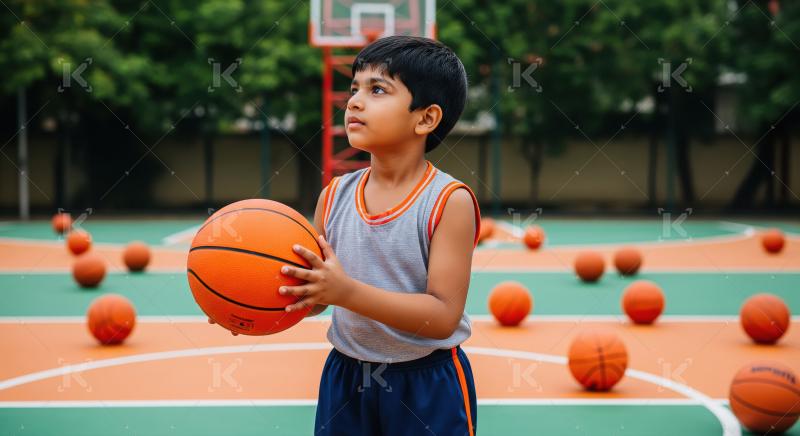 Young Boy on Basketball Court Surrounded by Multiple Balls